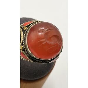 Vintage Carnelian Signet Style Ring Gazelle Carved Tribal Middle Eastern